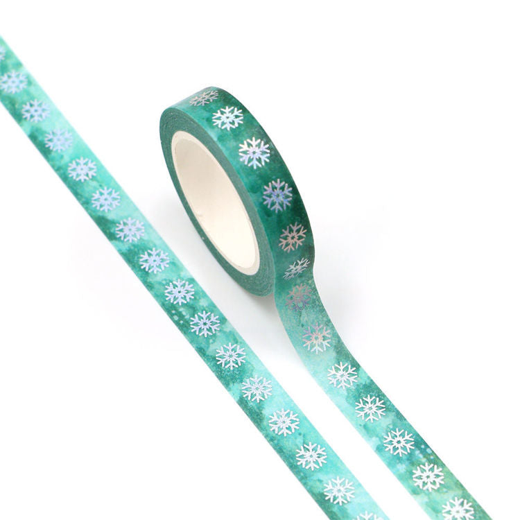 Washi Tape Watercolor Green Holographic Foil Snowflake