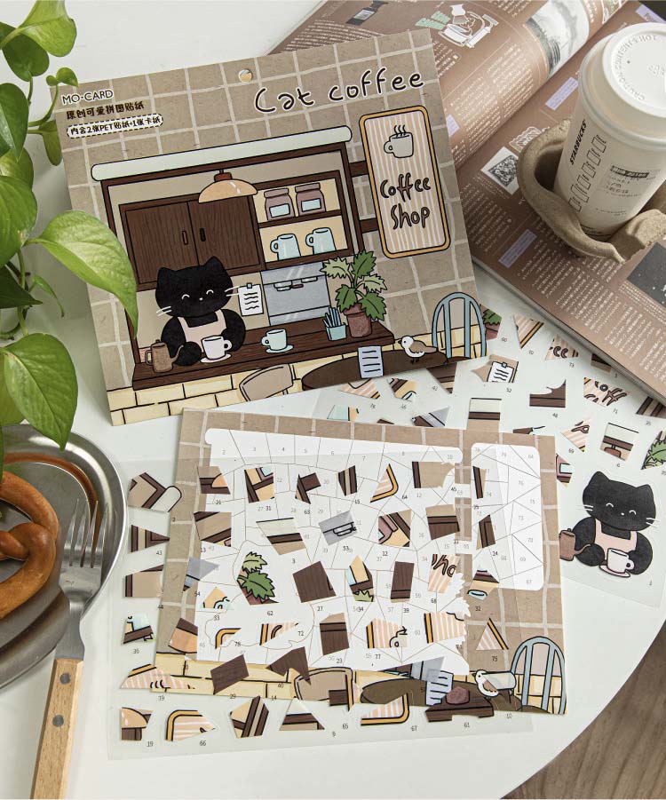 Stickers Puzle de números Little Black Cat Cat Coffee